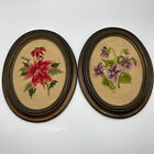 Lot of 2 Vintage Needlepoint Embroidered Flowers Framed Floral Art 9"x11"
