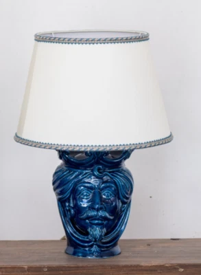 Table Lamp Nightstand Light Moor's Head Ceramic Blue Abat Jour - Image 1 of 4