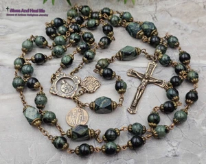 Healing Saints St Jude Lourdes Raphael Kambaba Jasper Vintage Bronze Rosary - Picture 1 of 6