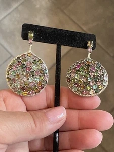 Sterling Silver Multi Color Tourmaline & White Zircon Drop Earrings - Picture 1 of 18