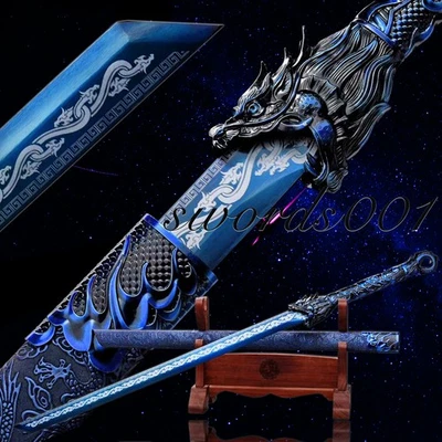 Handmade Dragon Sword Blue Straight Carbon Steel Blade Chinese Tang Dao Kung Fu - Image 1 of 4