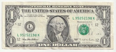 1995 $1 (ONE DOLLAR)  - OFF CENTER MISCUT ERROR NOTE - CIRCULATED - Image 1 of 2