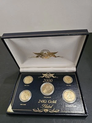1999 24kt Gold Plated US Mint Proof 5 Coin Set Uncirculated In Display Box - Image 1 of 3