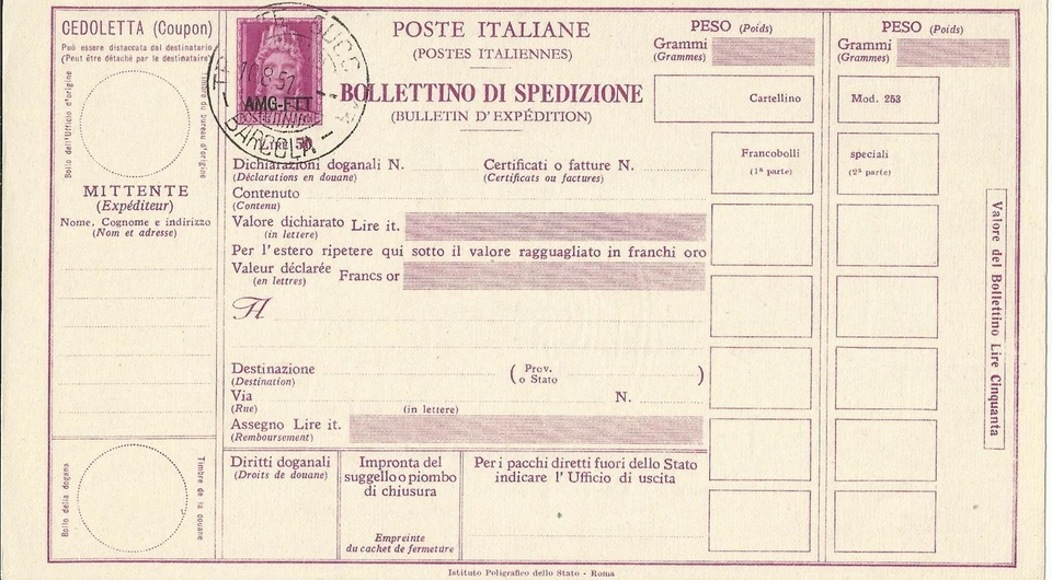 Trieste A - Shipping Bulletin Lire 50 Turrita No. P 12 cancelled - Image 1 of 1