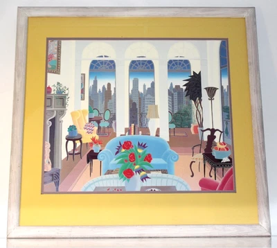 Thomas McKnight Blue Couch City Scape Colorful VTG Art Framed Matted Floral HTF — 第 1/4 张图片