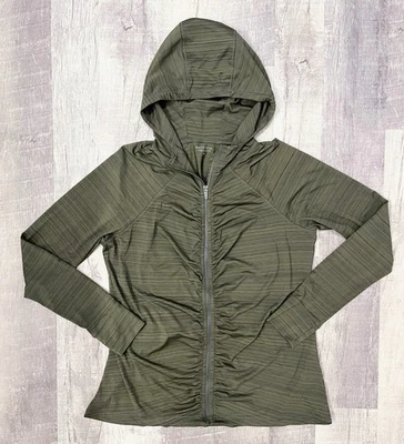 Athleta Circuit Jacket Women’s XL Hooded Ruched Full Zip Dark Green Striped - Image 1 of 4