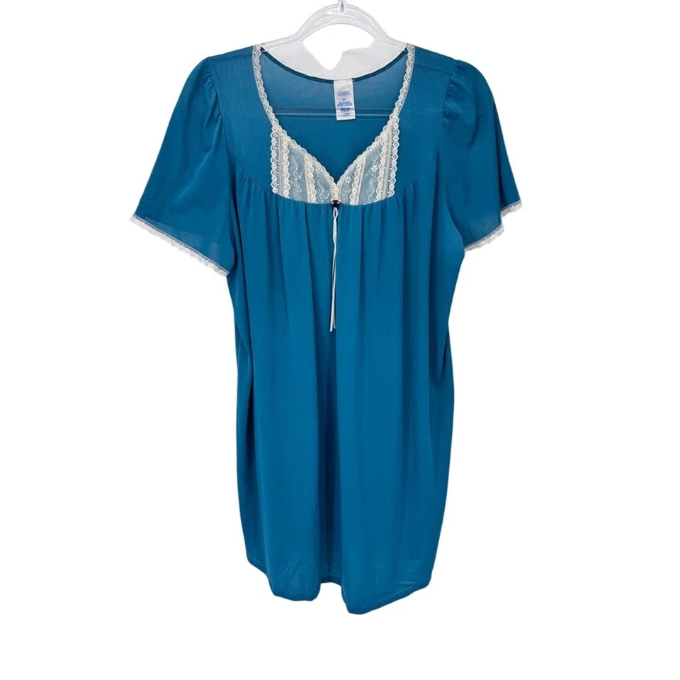 Vintage Classic Elements Nightgown Womens Medium Blue Satin Nylon Lace Trim - Image 1 of 4