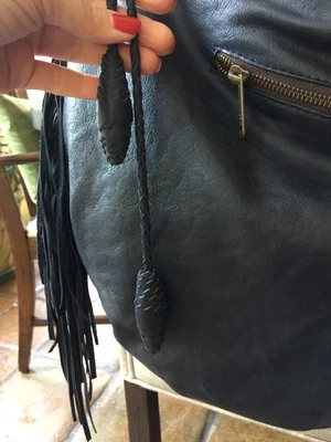 Patricia Nash Crescent Moon Fringe Handbag Navy Blue Tasseled Hobo Bag Leather - Image 1 of 4