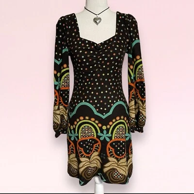 Funky People Marrón Colorido Lunares Boho Hippie Babydoll Suéter Vestido M Foto 1 de 4