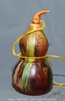 4.4" Old Chinese Marked Amber Carving Gourd Fulu Statue Bottle Vase Wine Pot - Image 1 of 4