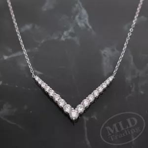 MLD 925 Sterling Silber V Halskette - weiße Zirkonia Anhänger 18" Kette - Bild 1 von 11