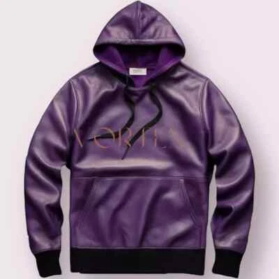 Jaqueta de couro de cordeiro genuína masculina estilo pulôver com capuz couro de cordeiro roxo - Imagem 1 de 3