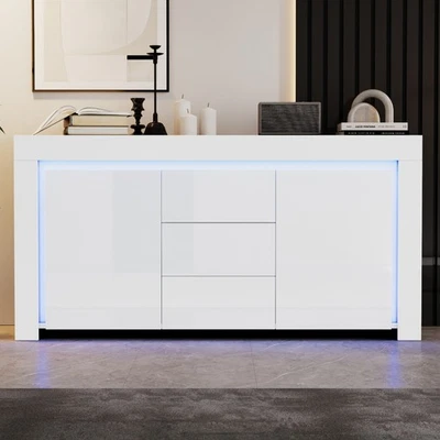 Hochglanz Sideboard Kommode mit 3 Schubladen, LED Beleuchtung App Control, Weiß - Bild 1 von 4