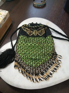 Antique Beaded Bag Pattern of BUTTERFLY Green,Yellow & Black Beads Lined Bracel - Picture 1 of 7