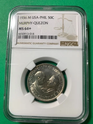 US PHILIPPINES 50 CENTAVOS 1936-M MURPHY QUEZON COMMEMORATIVE NGC MS 64+ - Image 1 of 4