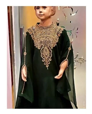 Green   Long Kaftan Party New Gown Moroccan Kids Dress NEW Georgette Wedding - Image 1 of 3