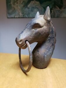 Old Cast Iron 9"  Horse Head Hitching Post Fence Post Topper vintage ring #1