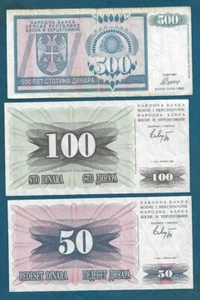 Bosnia Balkan War money banknotes 1992. 500 Dinara+ 100 Dinara + 50 Dinara ! - Picture 1 of 2