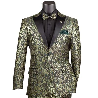 VINCI Men's Emerald Green Jacquard Slim Fit Tuxedo w/ Matching Bow-Tie NEW - Image 1 of 3