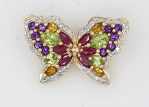 14K Yellow Gold Butterfly Multi-Gemstone Pendant 8.3 Grams - Picture 1 of 8