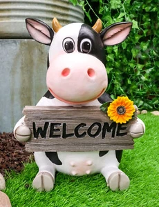 Sunflower Country Side Whimsical Holstein Cow With Welcome Sign Statue 13"Tall - Picture 1 of 9