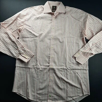 Tailorbyrd Men's Dress Shirt Size 16-L Button Front Peach White Green Stripes - Image 1 of 4