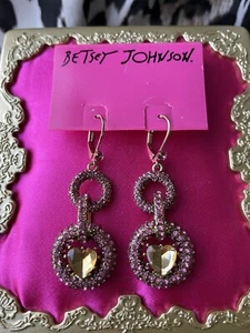 Pendientes de corazón Betsey Johnson Pinkalicious cristal rosa pavimentado oro cadena eslabón - Imagen 1 de 2