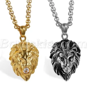 Men's Punk Rock Stainless Steel Cubic Zirconia Lion Head Pendant Necklace Chain - Picture 1 of 11