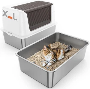 XL Stainless Steel Cat Litter Box with Lid, Enclosed High Side Metal Litter - Picture 1 of 8
