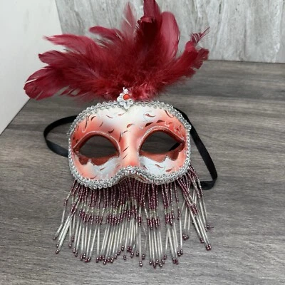 Red & White Beaded Feather Masquerade Mask – Elegant Costume or Decor - Image 1 of 4