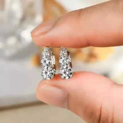 Drop Hoop Earrings 1Ct Round Cut Lab Created Diamond In 14K White Gold Plated - Image 1 of 4