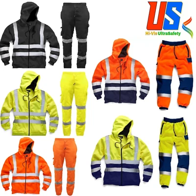 New Hi Vis High Visibility Tracksuit Zip Hoodie & Jogging Bottom Safety Work Set - Image 1 of 3