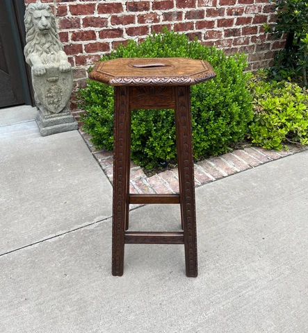 Antique English Pedestal Plant Stand Display Table Barstool Carved Oak 30.5" T Cover