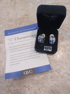 QVC Diamonique sterling silver pave CLIP ON EAR RINGS blue enamel BEAUTIFUL!!!! - Picture 1 of 7