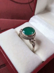 Schöner YS 925 Sterling Silber Ring mit Zargenfassung grüner Onyx Größe 9 Indien - Bild 1 von 9