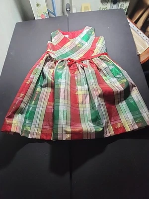  Vestido Bonnie Jean xadrez vermelho cintilante verde/vermelho dourado tamanho 4 novo sem etiquetas - Imagem 1 de 4