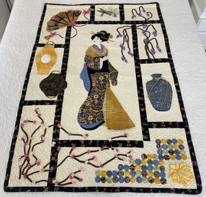 Hand Crafted Traditional Japanese Geisha Patchwork Appliqué 3D Wall Art Quilt - Picture 1 of 23