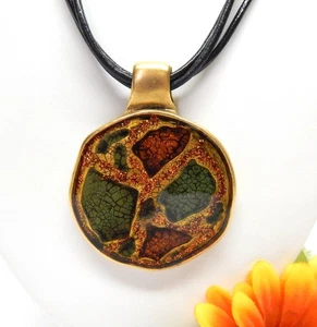 NWT CHICO'S BLACK LEATHER & ENAMELED GOLD TONE DISC PENDANT NECKLACE 20" - Picture 1 of 4