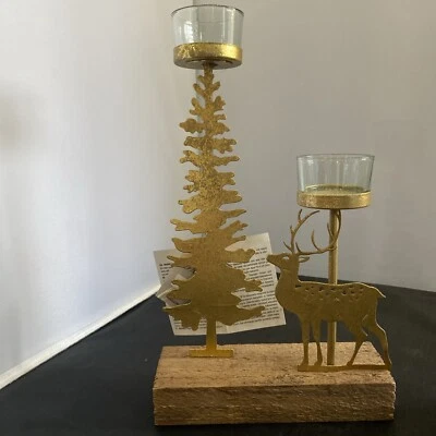 Golden Reindeer Tree Wooden Tea Lights Candle Holders Set Of 2 - Image 1 of 3