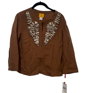 Ruby Rd. Brown linen blend cropped Top Jacket wide sleeves button front SZ 10 - Picture 1 of 7