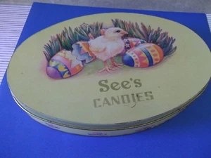 VTG. EASTER CHICK CANDY TIN~SEE'S EMPTY TIN,BRIGHT GRAPHICS~GREAT SHAPE~0VAL - Picture 1 of 6