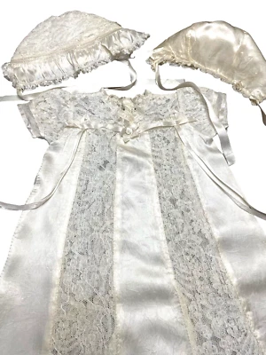 VTG  Infant Baptism Dress Satin Lace Ivory Christening Gown w/caps Little Folks - Image 1 of 4