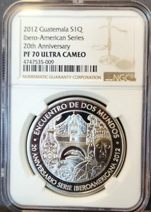 2012 GUATEMALA SILVER 1 QUETZAL IBERO AMERICAN ANNIV NGC PF 70 ULTRA CAMEO POP 1 - Picture 1 of 3