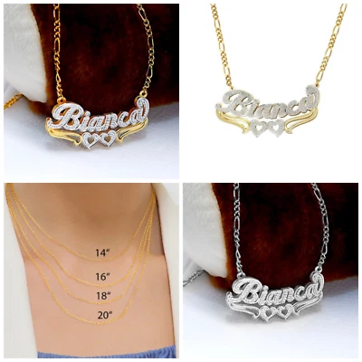 Personalized Silver & Gold Script Double Any Name Plate Necklace Free Chain  - Image 1 of 4