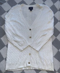 Chaps Cardigan Women Xl White CableKnit Cotton Long Sleeve Slit V Neck Gold 0342 - Picture 1 of 6