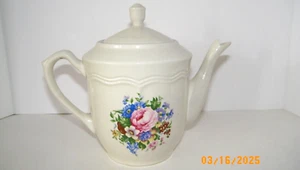 PERUGINO STONE WARE TEAPOT w/Lid Blue/Pink/Purple Floral 1980's VTG - Picture 1 of 4