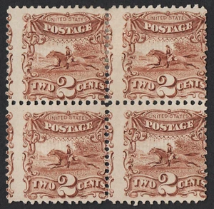US # 113 *MINT OG H* { "SCARCE BLOCK OF 4 } 2c HORSE & RIDER OF 1869 CV$ 2000.00 - Picture 1 of 6