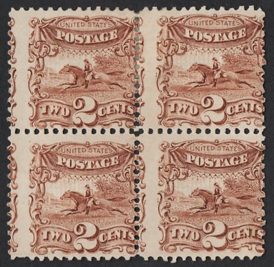 US # 113 *MINT OG H* { "SCARCE BLOCK OF 4 } 2c HORSE & RIDER OF 1869 CV$ 2000.00 - Image 1 of 4
