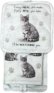 Set cucina 3 pezzi Tabby Cat Silver - guanto forno, porta pentole e set asciugamani cucina - Foto 1 di 1