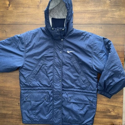 Vintage Y2K Nike Swoosh 90’s Logotipo Retrô Azul Marinho Casaco de Inverno Pesado Parka Masculino M - Imagem 1 de 4